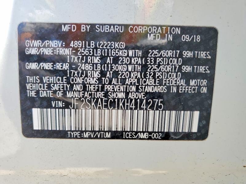 56030646 :رقم المزاد ، JF2SKAEC1KH414275 vin ، 2019 Subaru Forester مزاد بيع