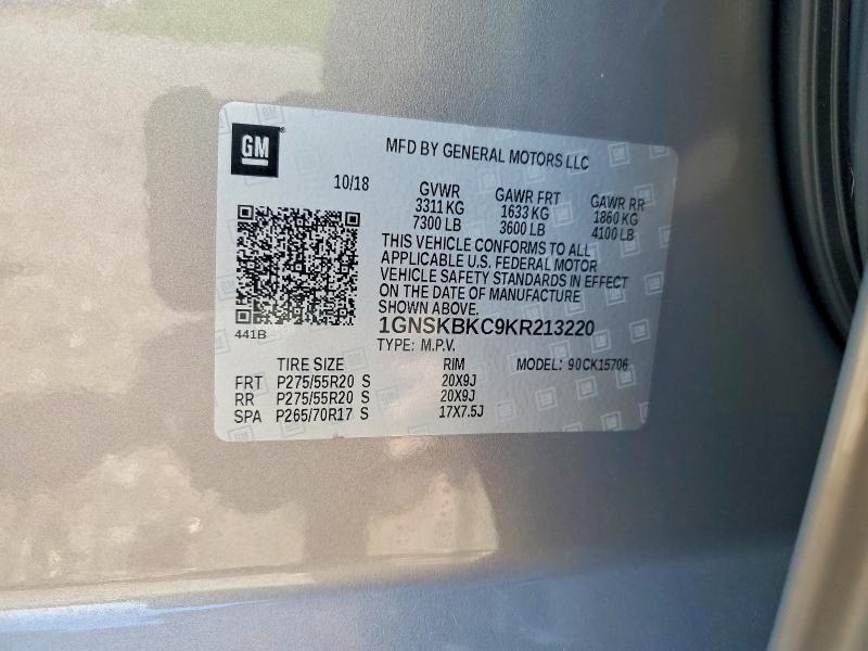 58927306 :رقم المزاد ، 1GNSKBKC9KR213220 vin ، 2019 Chevrolet Tahoe مزاد بيع