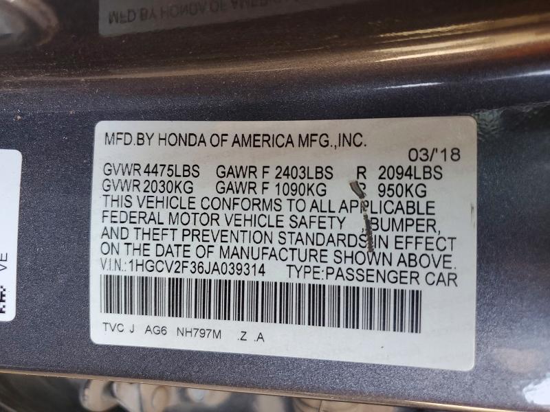 Aukcja sprzedaży 2018 Honda Accord, vin: 1HGCV2F36JA039314, numer aukcji: 58142216
