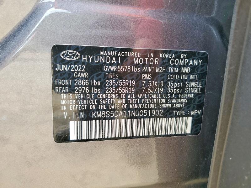 2022 Hyundai Santa Fe მანქანა იყიდება აუქციონზე, vin: KM8S5DA11NU051902, აუქციონის ნომერი: 58949396