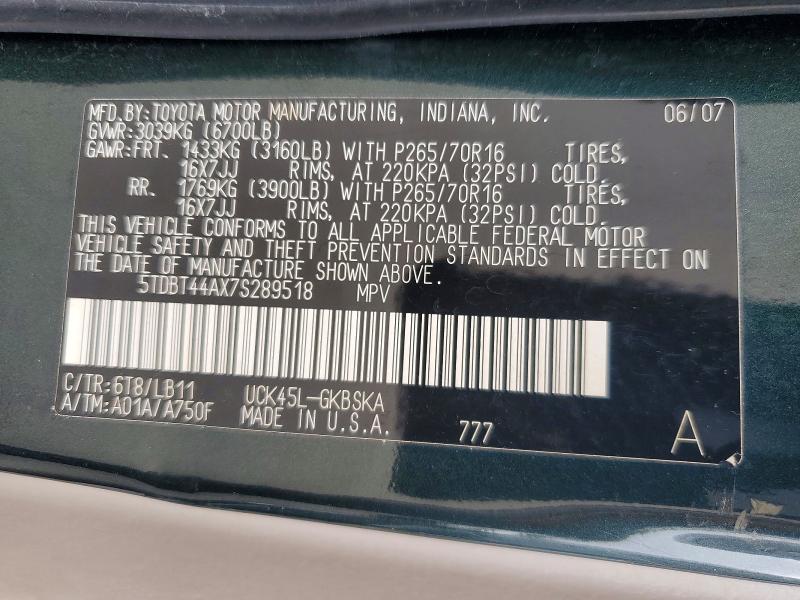 58050446 :رقم المزاد ، 5TDBT44AX7S289518 vin ، 2007 Toyota Sequoia مزاد بيع