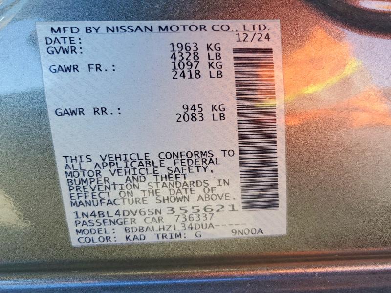 2025 Nissan Altima მანქანა იყიდება აუქციონზე, vin: 1N4BL4DV6SN355621, აუქციონის ნომერი: 55952846
