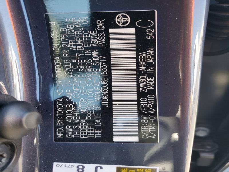 2014 Toyota Prius მანქანა იყიდება აუქციონზე, vin: JTDKN3DU8E1833717, აუქციონის ნომერი: 56464526