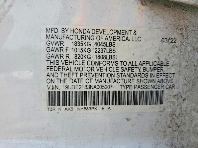 56313886 :رقم المزاد ، 19UDE2F83NA005207 vin ، 2022 Acura Ilx مزاد بيع