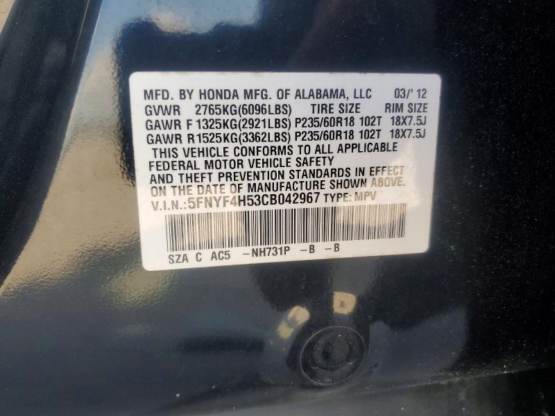 Aukcja sprzedaży 2012 Honda Pilot, vin: 5FNYF4H53CB042967, numer aukcji: 59142476