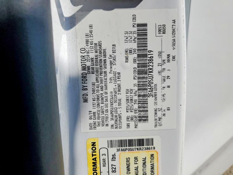 2019 Ford Fusion მანქანა იყიდება აუქციონზე, vin: 3FA6P0SU7KR238619, აუქციონის ნომერი: 57115186