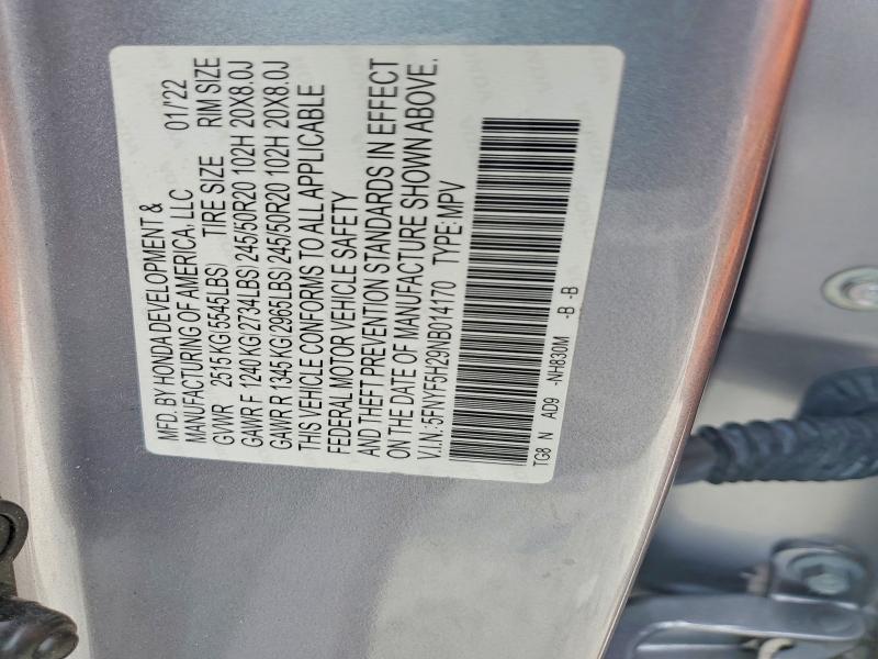57594416 :رقم المزاد ، 5FNYF5H29NB014170 vin ، 2022 Honda Pilot مزاد بيع