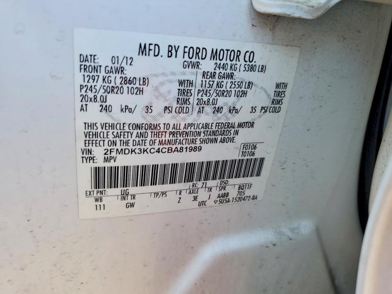 2012 Ford Edge მანქანა იყიდება აუქციონზე, vin: 2FMDK3KC4CBA81989, აუქციონის ნომერი: 57531886