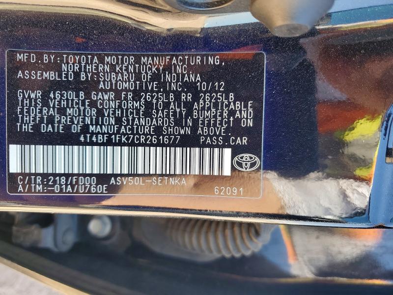 56991186 :رقم المزاد ، 4T4BF1FK7CR261677 vin ، 2012 Toyota Camry مزاد بيع