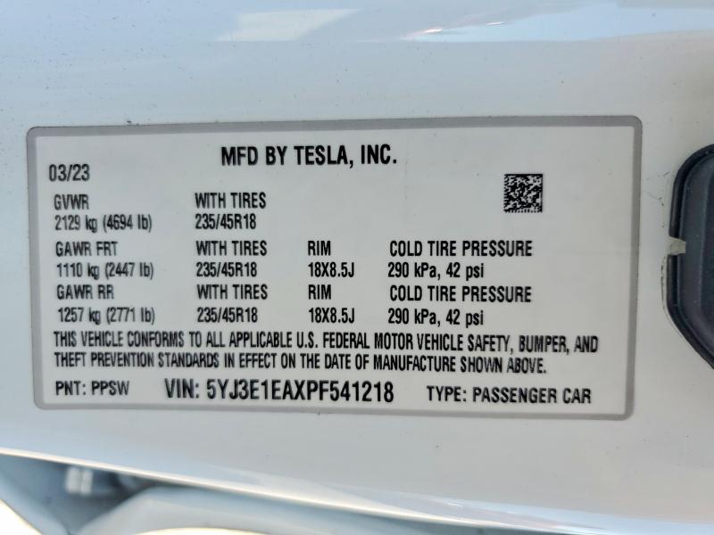 57377626 :رقم المزاد ، 5YJ3E1EAXPF541218 vin ، 2023 Tesla Model 3 مزاد بيع
