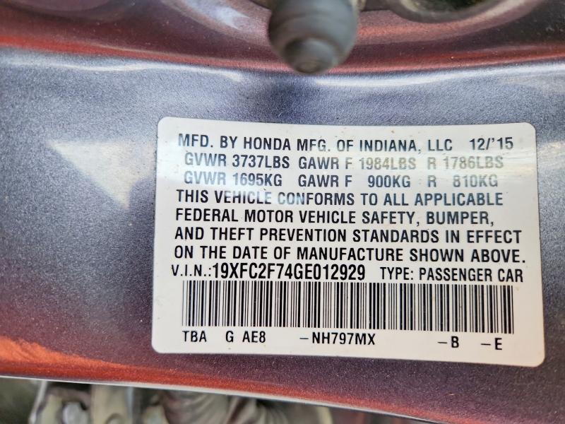 56602066 :رقم المزاد ، 19XFC2F74GE012929 vin ، 2016 Honda Civic مزاد بيع