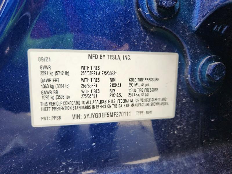 54170016 :رقم المزاد ، 5YJYGDEF5MF270111 vin ، 2021 Tesla Model Y مزاد بيع