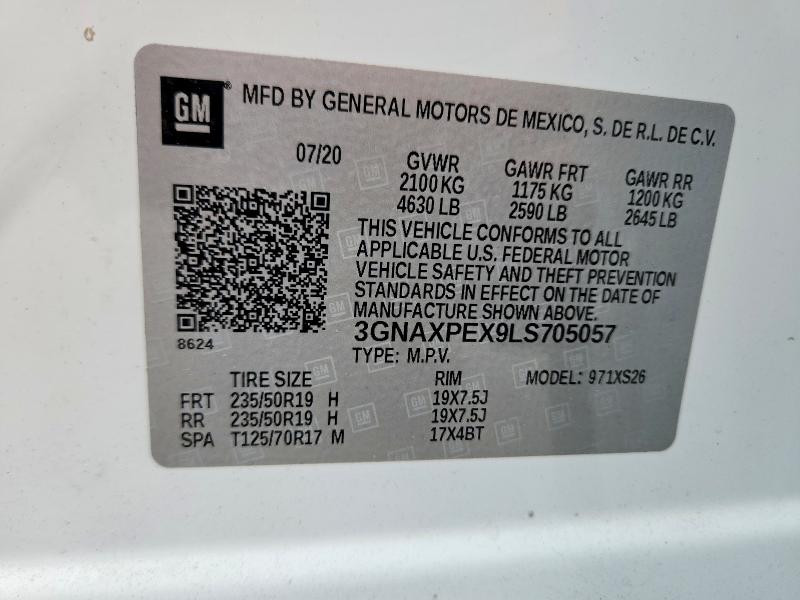 2020 Chevrolet Equinox მანქანა იყიდება აუქციონზე, vin: 3GNAXPEX9LS705057, აუქციონის ნომერი: 56770836