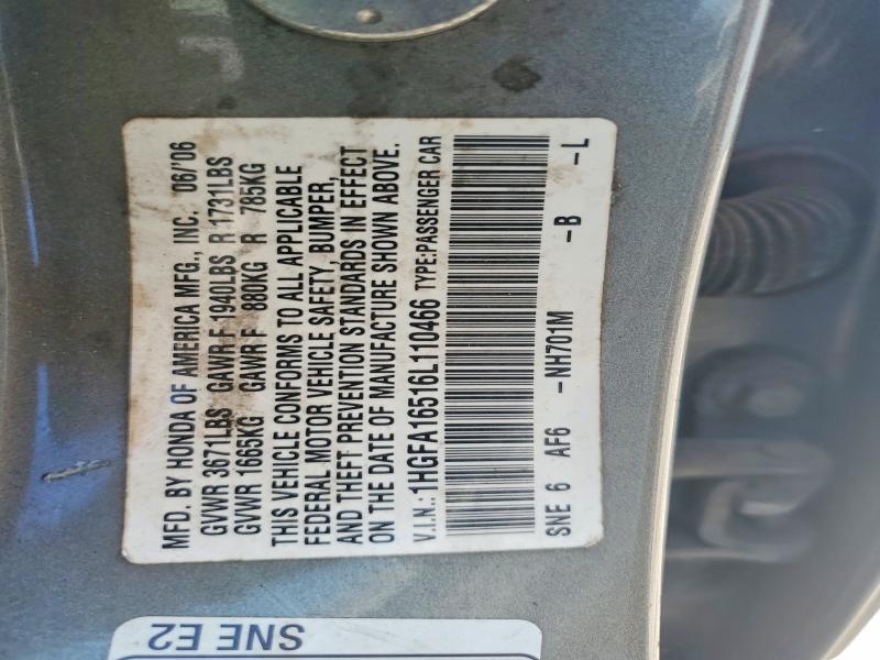 Продаж на аукціоні авто 2006 Honda Civic, vin: 1HGFA16516L110466, номер лоту: 56876876