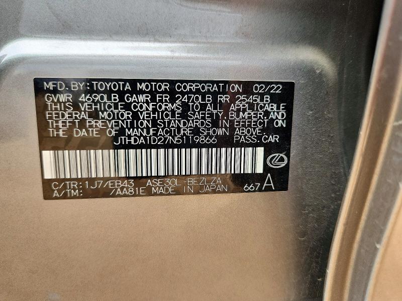 57224516 :رقم المزاد ، JTHDA1D27N5119866 vin ، 2022 Lexus Is مزاد بيع