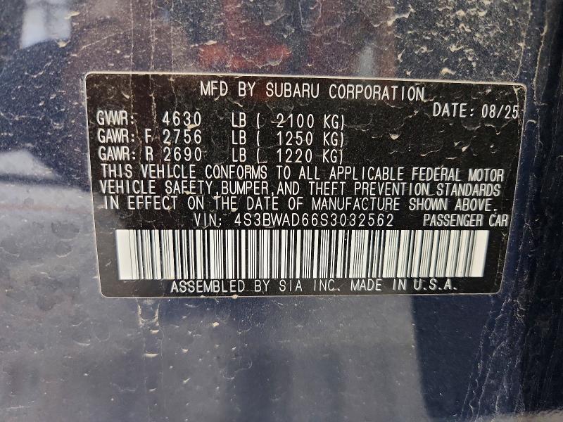 2025 Subaru Legacy მანქანა იყიდება აუქციონზე, vin: 4S3BWAD66S3032562, აუქციონის ნომერი: 57312286