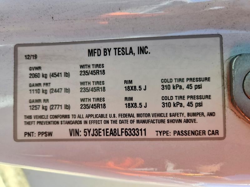Продажа на аукционе авто 2020 Tesla Model 3, vin: 5YJ3E1EA8LF633311, номер лота: 85603655