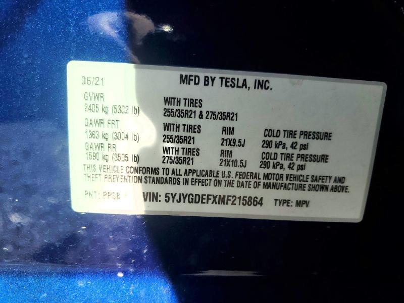 Продажа на аукционе авто 2021 Tesla Model Y, vin: 5YJYGDEFXMF215864, номер лота: 54007496