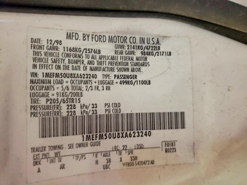 Продажа на аукционе авто 1999 Mercury Sable, vin: 1MEFM50U8XA623240, номер лота: 57729876