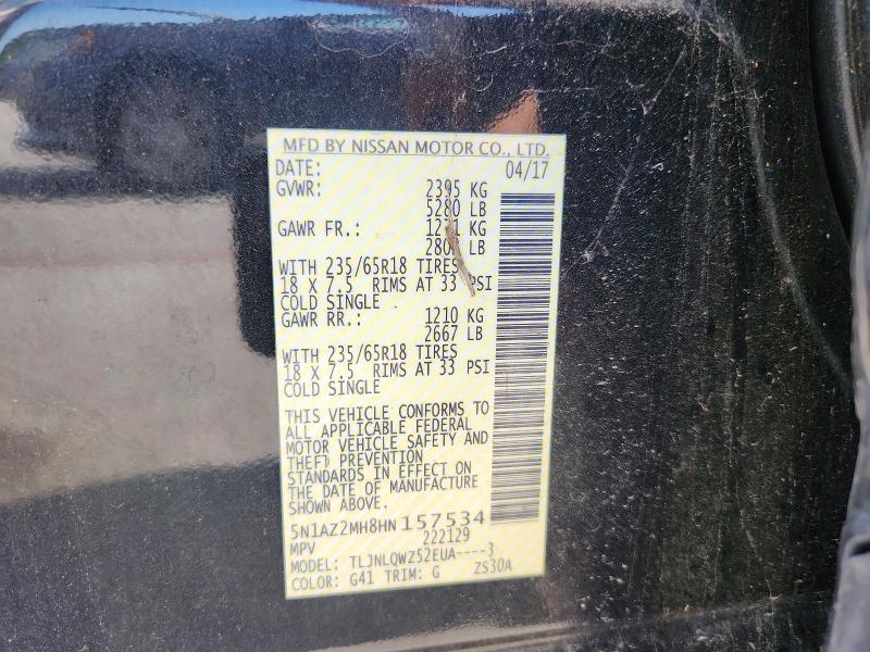 56961916 :رقم المزاد ، 5N1AZ2MH8HN157534 vin ، 2017 Nissan Murano مزاد بيع