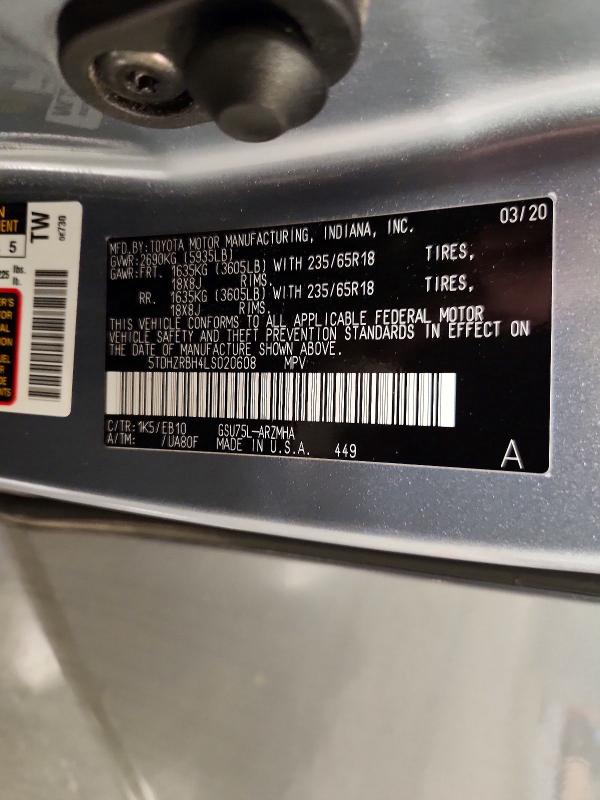 Продаж на аукціоні авто 2020 Toyota Highlander, vin: 5TDHZRBH4LS020608, номер лоту: 55814126