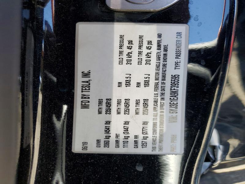 57955986 :رقم المزاد ، 5YJ3E1EA9KF395595 vin ، 2019 Tesla Model 3 مزاد بيع