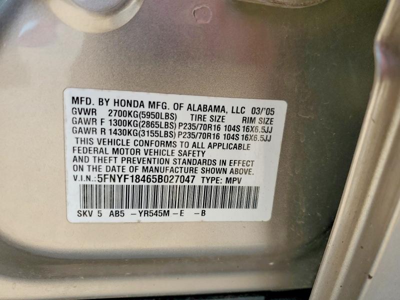 2005 Honda Pilot მანქანა იყიდება აუქციონზე, vin: 5FNYF18465B027047, აუქციონის ნომერი: 56277746