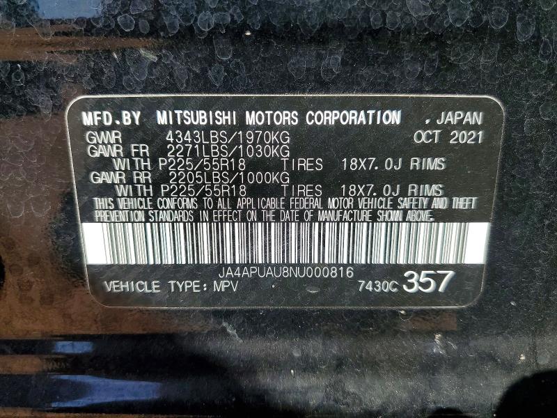 2022 Mitsubishi Outlander Sport მანქანა იყიდება აუქციონზე, vin: JA4APUAU8NU000816, აუქციონის ნომერი: 58267056
