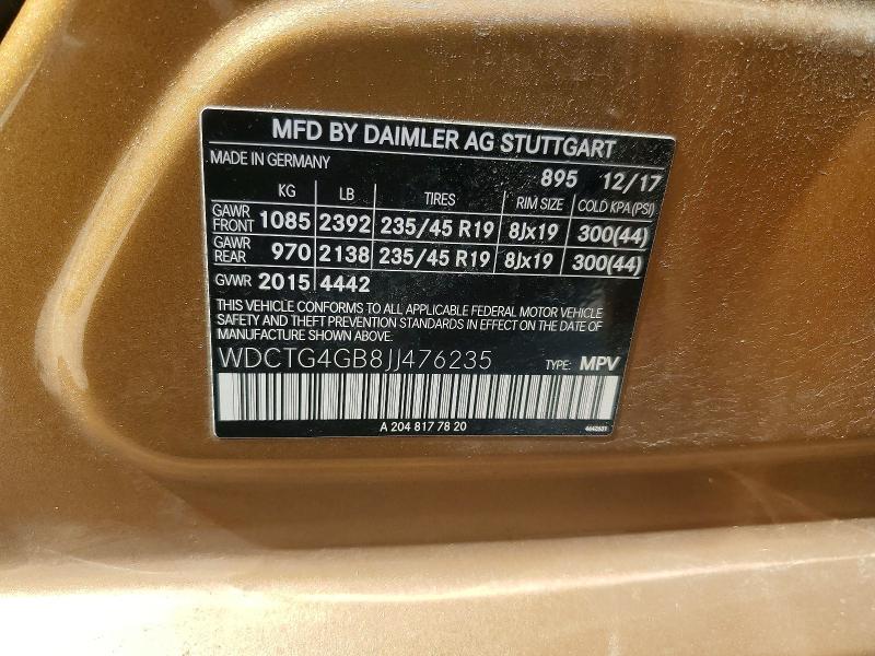 2018 Mercedes-benz Gla მანქანა იყიდება აუქციონზე, vin: WDCTG4GB8JJ476235, აუქციონის ნომერი: 56405456