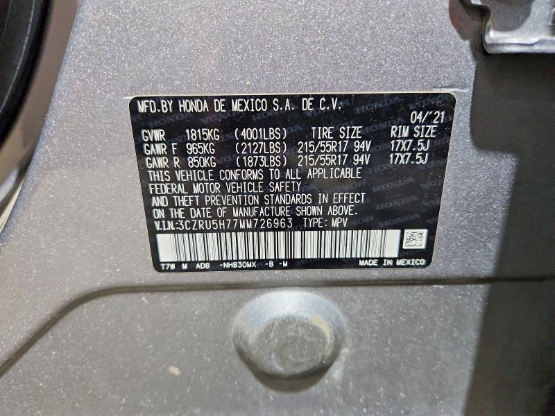 56652356 :رقم المزاد ، 3CZRU5H77MM726963 vin ، 2021 Honda Hr-v مزاد بيع