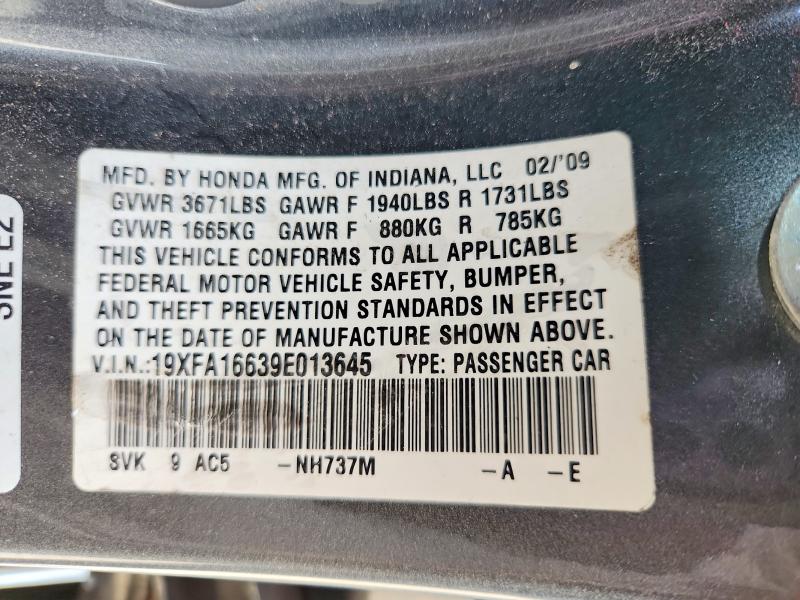 56952136 :رقم المزاد ، 19XFA16639E013645 vin ، 2009 Honda Civic مزاد بيع