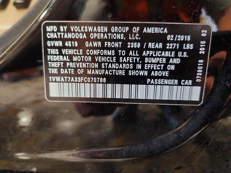 Продаж на аукціоні авто 2015 Volkswagen Passat, vin: 1VWAT7A33FC070786, номер лоту: 56158816