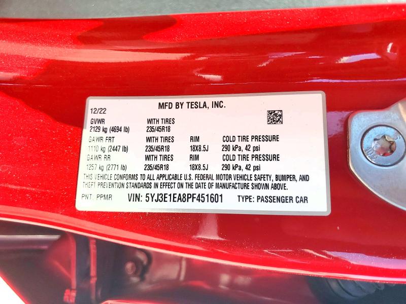 Auction sale of the 2023 Tesla Model 3, vin: 5YJ3E1EA8PF451601, lot number: 57259076