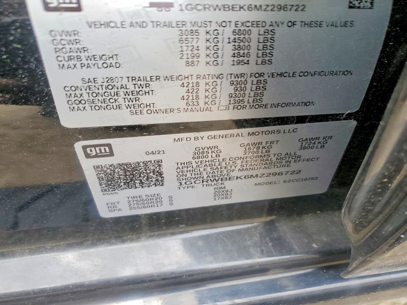 Продаж на аукціоні авто 2021 Chevrolet Silverado, vin: 1GCRWBEK6MZ296722, номер лоту: 58131556