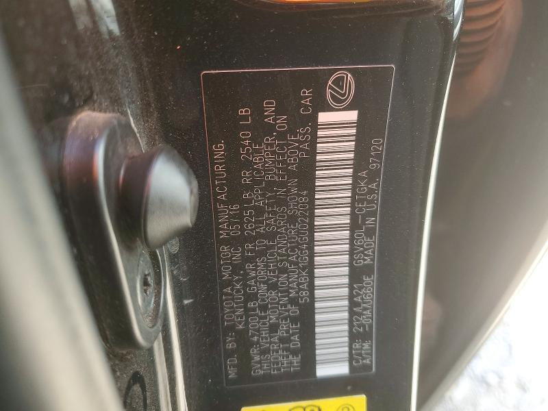 Aukcja sprzedaży 2016 Lexus Es, vin: 58ABK1GG4GU022084, numer aukcji: 57222786