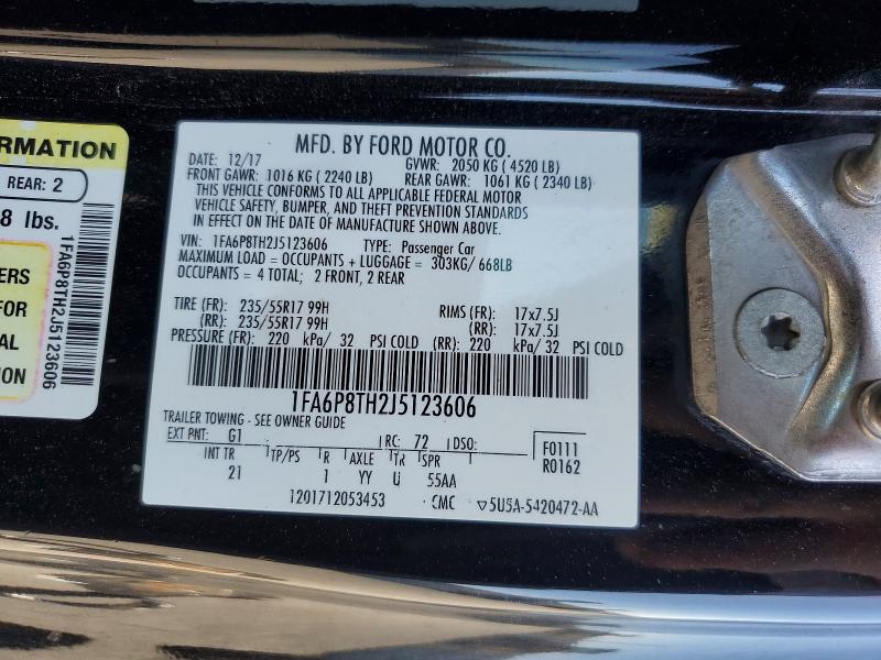 2018 Ford Mustang მანქანა იყიდება აუქციონზე, vin: 1FA6P8TH2J5123606, აუქციონის ნომერი: 57003696