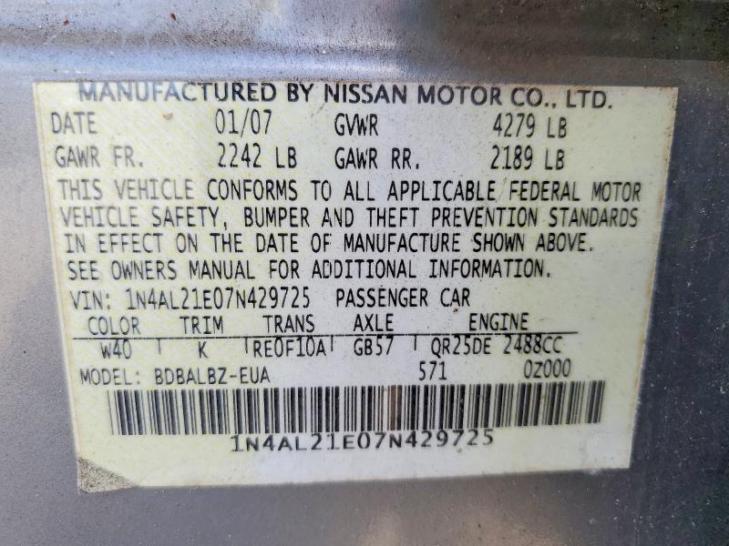 2007 Nissan Altima მანქანა იყიდება აუქციონზე, vin: 1N4AL21E07N429725, აუქციონის ნომერი: 56975956