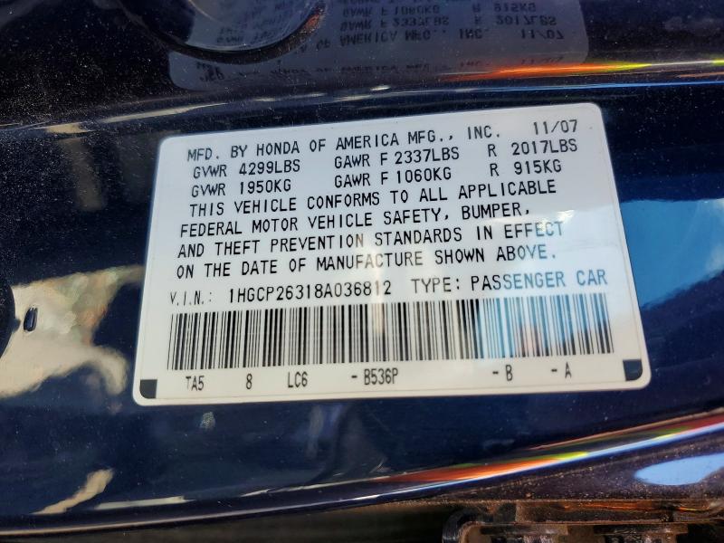 Aukcja sprzedaży 2008 Honda Accord, vin: 1HGCP26318A036812, numer aukcji: 57296756