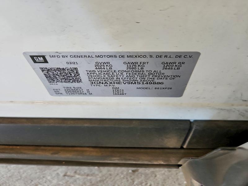 2021 Chevrolet Equinox მანქანა იყიდება აუქციონზე, vin: 3GNAXHEV9MS149886, აუქციონის ნომერი: 85969415