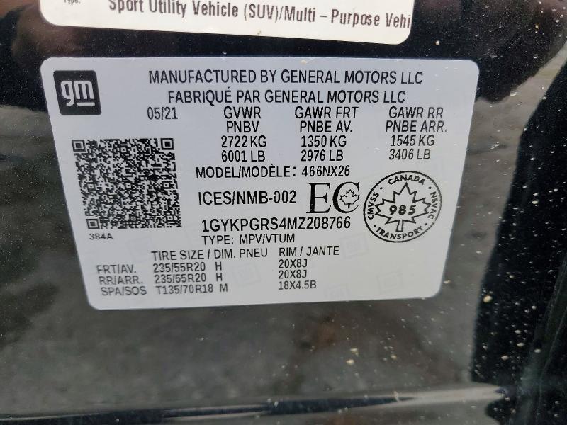 58762126 :رقم المزاد ، 1GYKPGRS4MZ208766 vin ، 2021 Cadillac Xt6 مزاد بيع