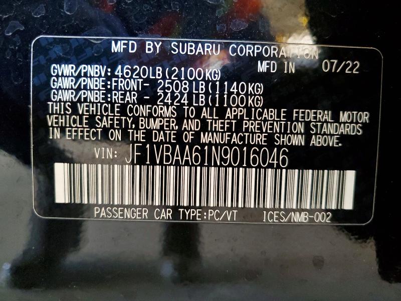 2022 Subaru Wrx მანქანა იყიდება აუქციონზე, vin: JF1VBAA61N9016046, აუქციონის ნომერი: 52687366