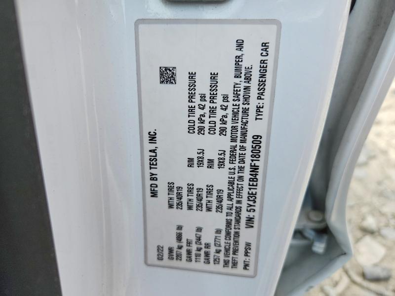 Продажа на аукционе авто 2022 Tesla Model 3, vin: 5YJ3E1EB4NF180509, номер лота: 57646476