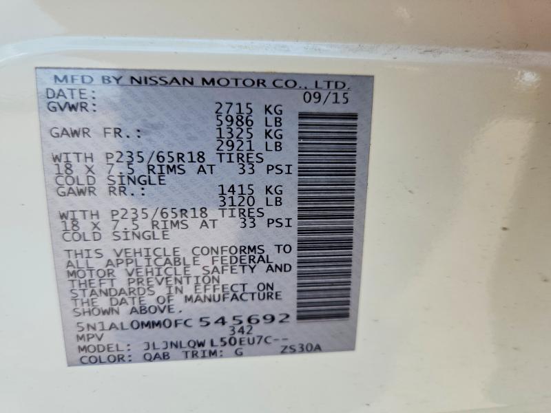 Auction sale of the 2015 Infiniti Qx60, vin: 5N1AL0MM0FC545692, lot number: 58971456