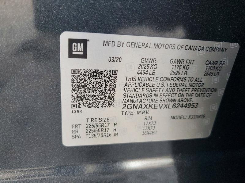55957046 :رقم المزاد ، 2GNAXKEVXL6244953 vin ، 2020 Chevrolet Equinox مزاد بيع