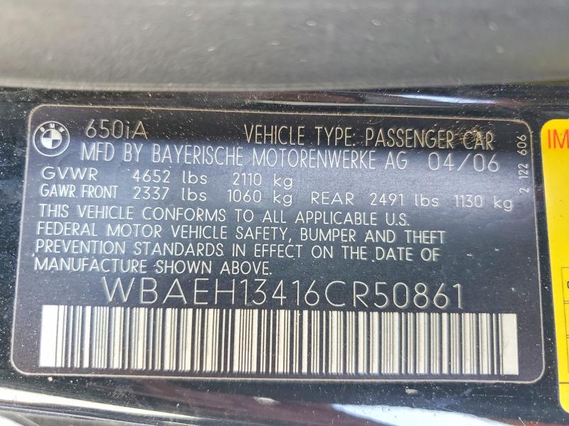 2006 Bmw 650 მანქანა იყიდება აუქციონზე, vin: WBAEH13416CR50861, აუქციონის ნომერი: 56719896