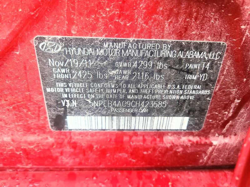 2012 Hyundai Sonata მანქანა იყიდება აუქციონზე, vin: 5NPEB4AC9CH423585, აუქციონის ნომერი: 58491556