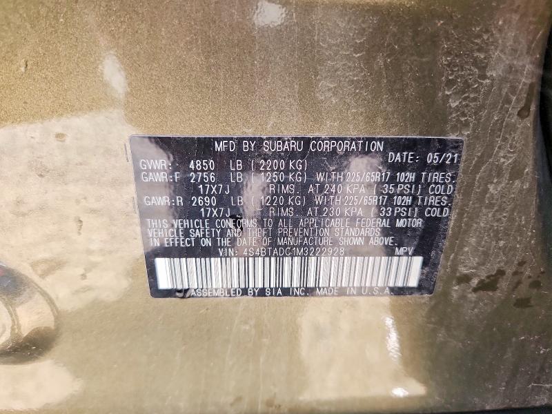Aukcja sprzedaży 2021 Subaru Outback, vin: 4S4BTADC1M3222928, numer aukcji: 55920966