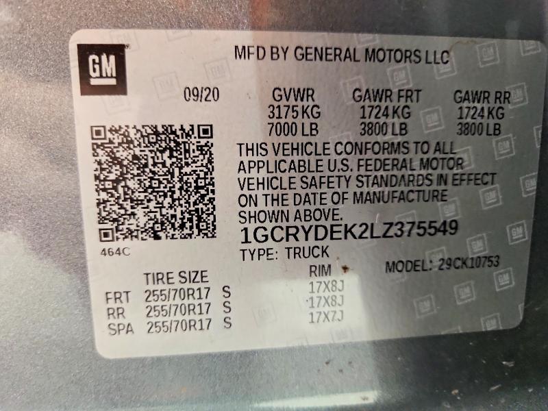 Продаж на аукціоні авто 2020 Chevrolet Silverado, vin: 1GCRYDEK2LZ375549, номер лоту: 57814156
