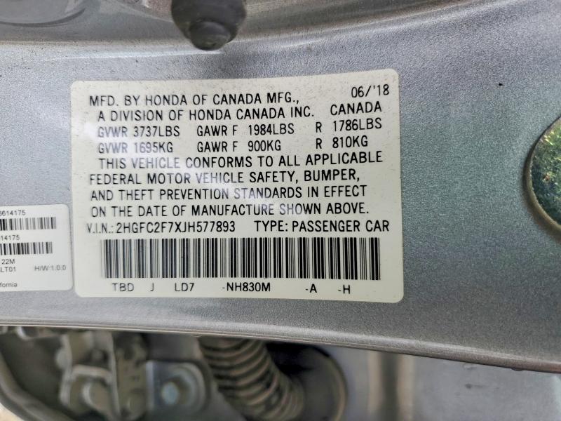 57957336 :رقم المزاد ، 2HGFC2F7XJH577893 vin ، 2018 Honda Civic مزاد بيع