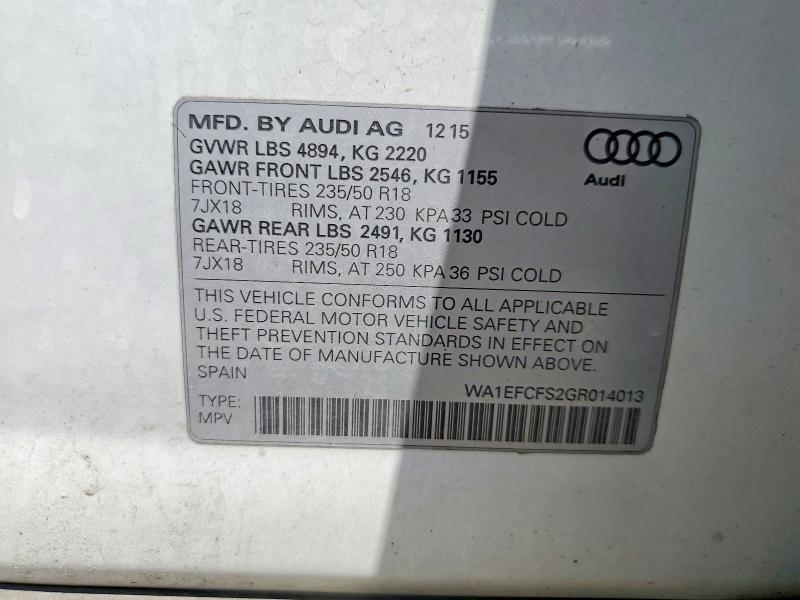 58604066 :رقم المزاد ، WA1EFCFS2GR014013 vin ، 2016 Audi Q3 مزاد بيع